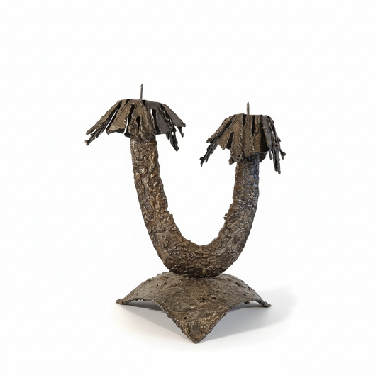 Brutalist Metal Candelabra: Mid Century Modern Iron Candle Holder with textured curved arms and leaf-like candle cups