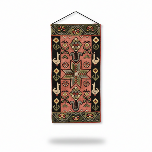Vintage Swedish Folk Wall Tapestry – Handwoven Wool Textile with Nordic folk art patterns and timeless charm, authentic vintage piece
