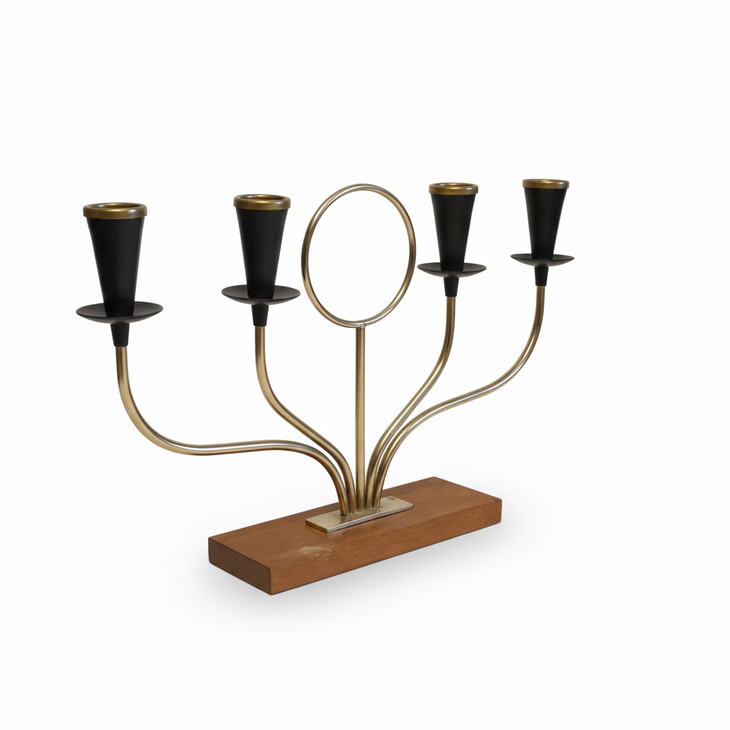 Teak Candelabra- Gunnar Ander Ystad Metall Scandinavian Design with brass arms and black candle holders, timeless charm.