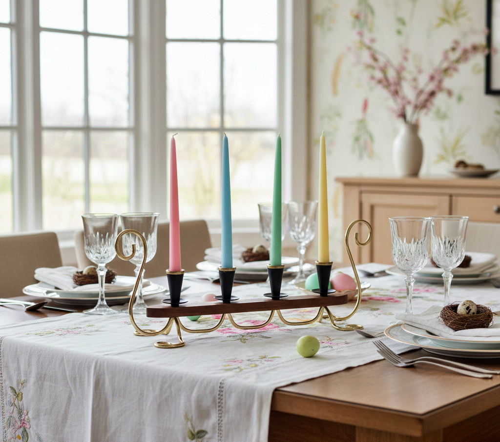Teak Candelabra- Gunnar Ander Ystad Metall Scandinavian Design with colorful tapered candles, timeless charm, authentic vintage piece.