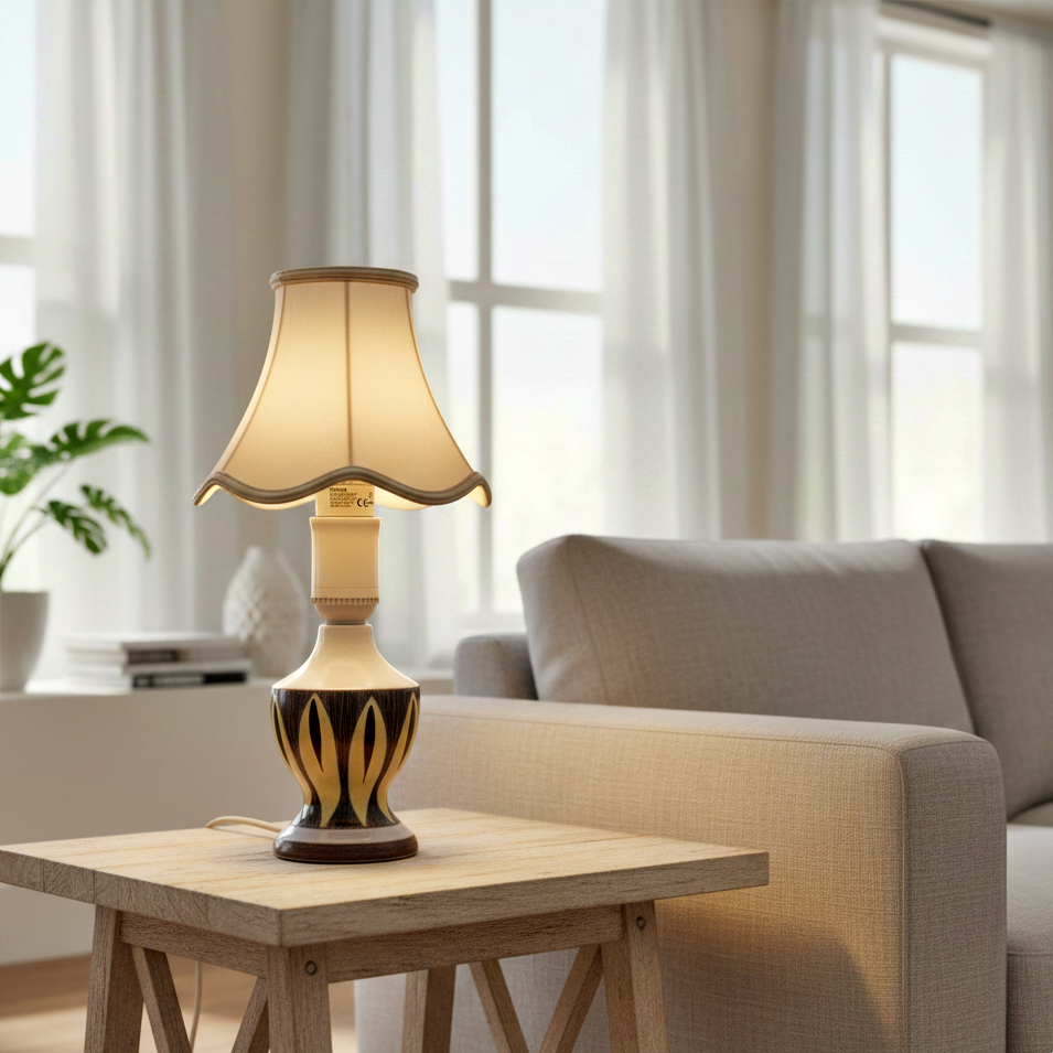 Hand-Painted Ceramic Table Lamp: Mid-Century Swedish Allingsås Style with timeless charm, vintage Scandinavian decor in cozy room.