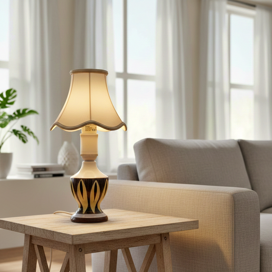 Hand-Painted Ceramic Table Lamp: Mid-Century Swedish Allingsås Style with timeless charm, vintage Scandinavian decor in cozy room.