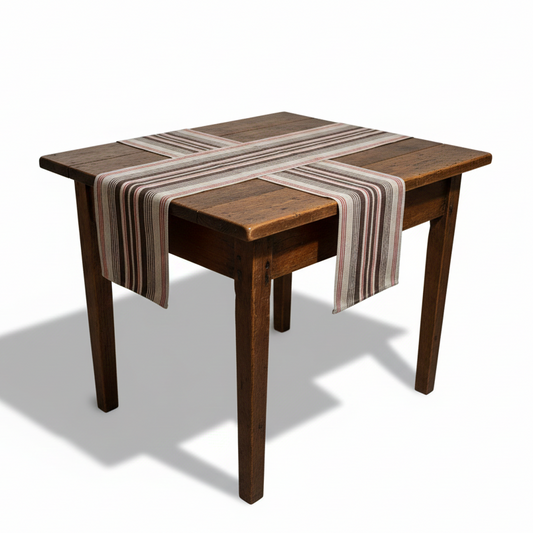 Vintage Handwoven Swedish Linen Table Runner: Rustic Farmhouse Decor displayed on a wooden table with striped pattern