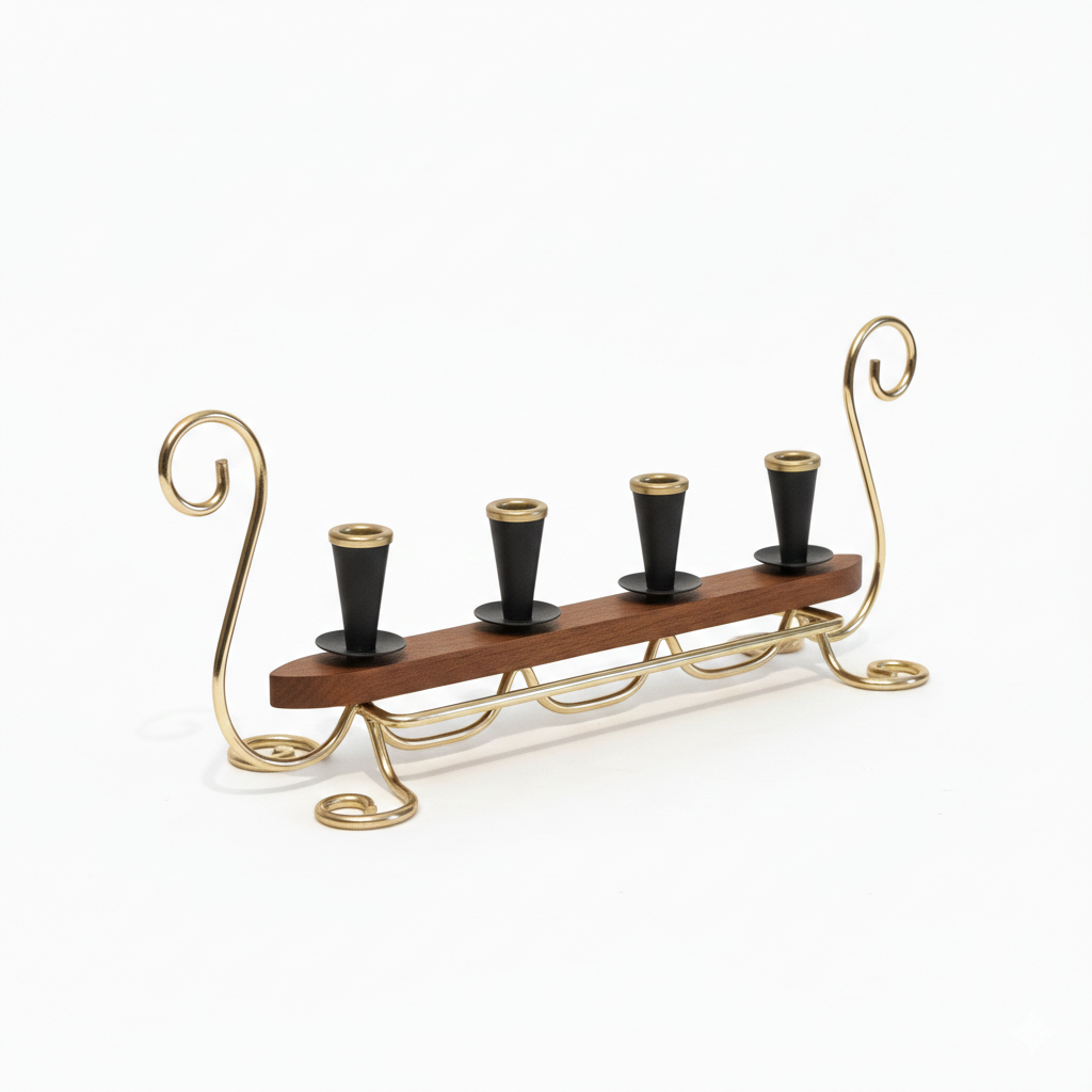 Teak Candelabra- Gunnar Ander Ystad Metall Scandinavian Design with brass scrolls and black candle holders, authentic vintage charm.