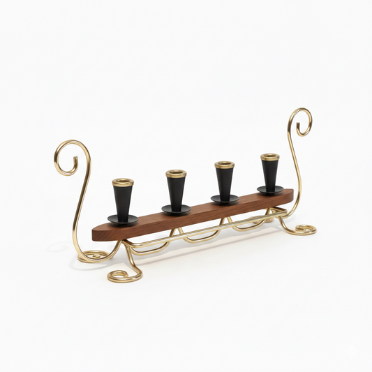 Teak Candelabra- Gunnar Ander Ystad Metall Scandinavian Design with brass scrolls and black candle holders, authentic vintage charm.