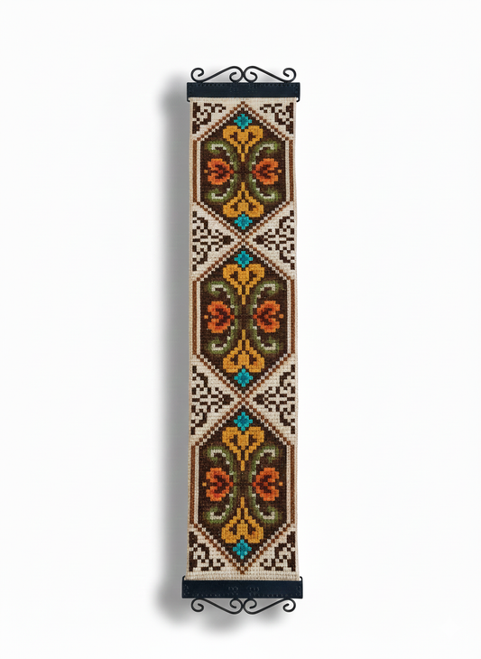 Vintage Scandinavian Embroidered Floral Wall Hanging - 1960s Retro Decor with colorful geometric and floral patterns in warm tones.