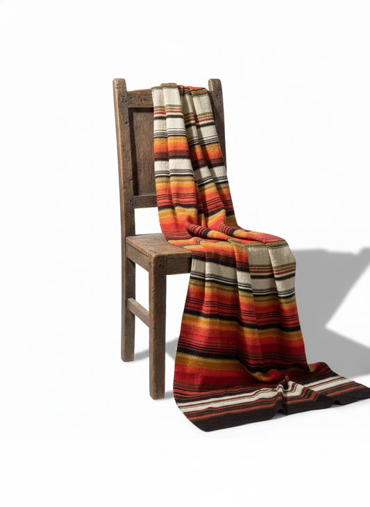 Handwoven Wool Tapestry: Swedish Vintage Folk Art Runner, Early 1900s Nordic Decor draped on rustic wooden chair.