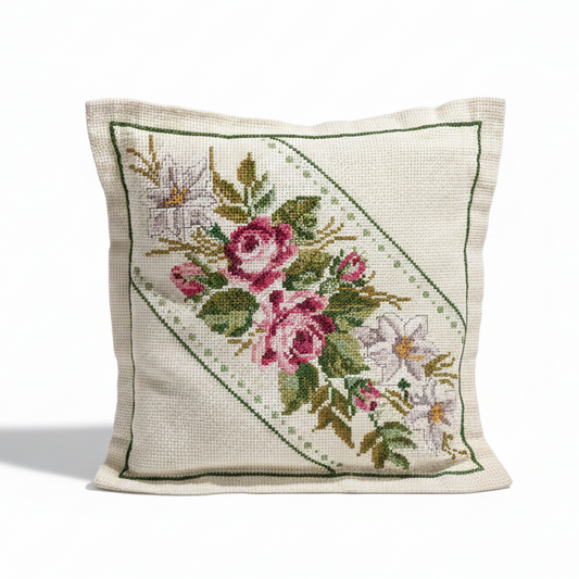 Vintage Hand Embroidered Pillow – Cross Stitch Cushion with Roses – Colorful Boho Home Decor featuring floral embroidery on beige fabric