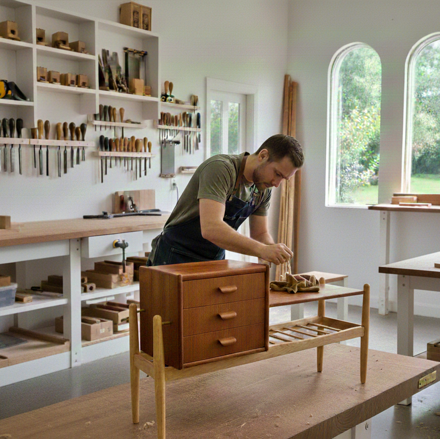 Craftsman working on a vintage mid-century Scandinavian teak furniture piece in a bright woodworking studio.