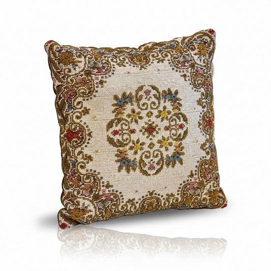 Antique Floral Needlepoint Cushion – Ornate Folk Embroidery Pillow in Warm Earthy Tones with timeless charm and authentic vintage style