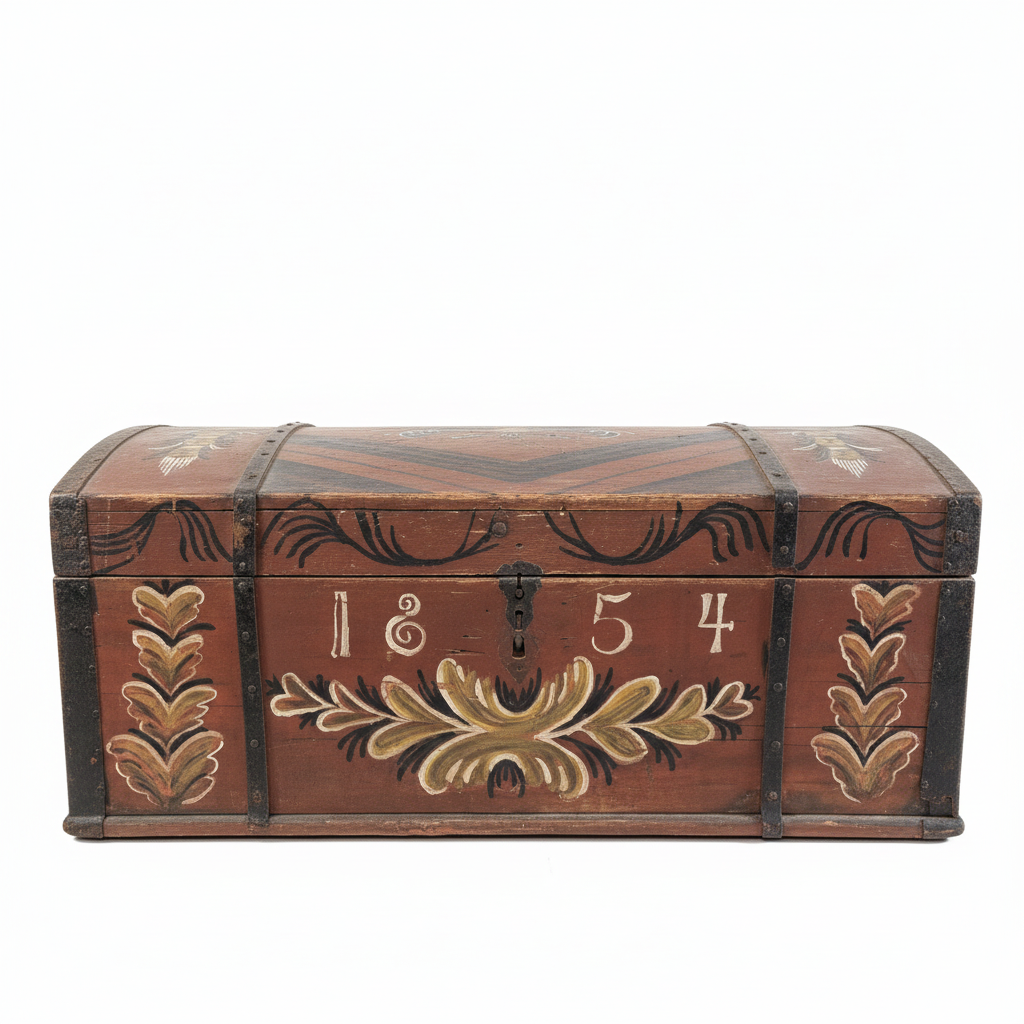 Antique Swedish Kurbits Chest: 1854 Dalarna Folk Art Painted Trunk with floral motifs and metal bands.