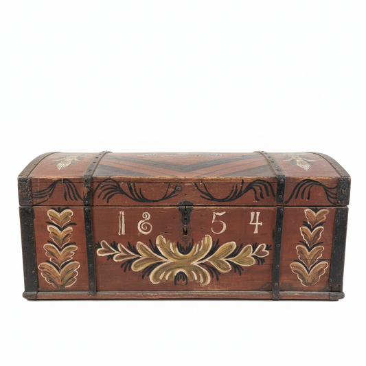 Antique Swedish Kurbits Chest: 1854 Dalarna Folk Art Painted Trunk with floral motifs and metal bands.