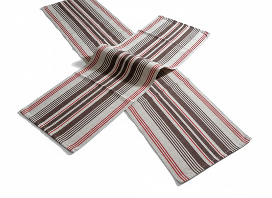Vintage Handwoven Swedish Linen Table Runner: Rustic Farmhouse Decor with striped pattern in neutral and red tones