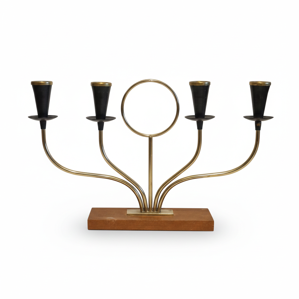 Teak Candelabra- Gunnar Ander Ystad Metall Scandinavian Design with brass arms and wooden base, authentic vintage, timeless charm.