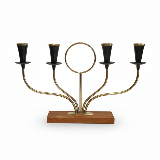 Teak Candelabra- Gunnar Ander Ystad Metall Scandinavian Design with brass arms and wooden base, authentic vintage, timeless charm.