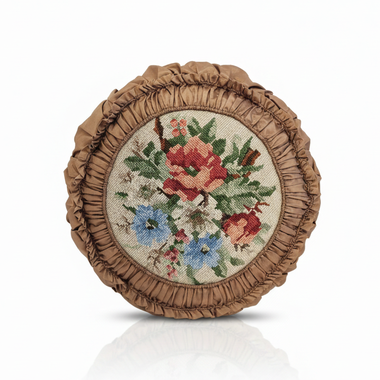 Vintage Embroidered Floral Throw Pillow: Beige Ruffled Cushion featuring authentic vintage floral embroidery with timeless charm.