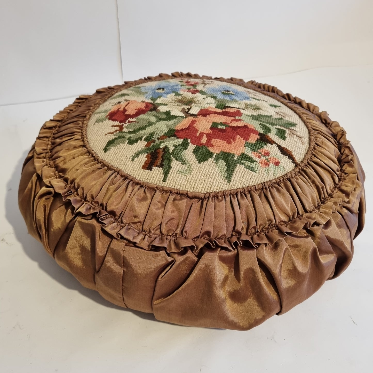 Vintage Embroidered Floral Throw Pillow: Beige Ruffled Cushion with authentic vintage floral embroidery, timeless charm