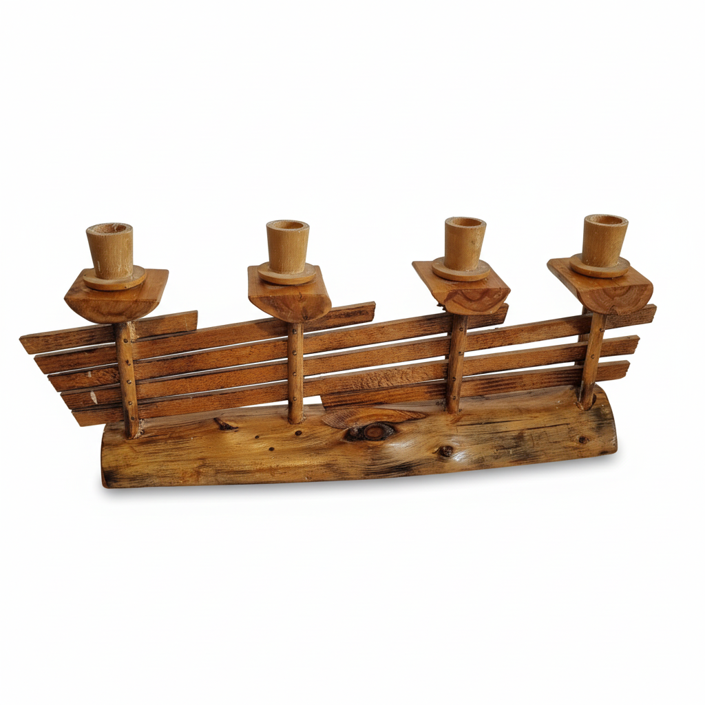 Handmade Wooden Candle Holder: Rustic Scandinavian Fence Design with four holders on natural wood base and slatted fence back