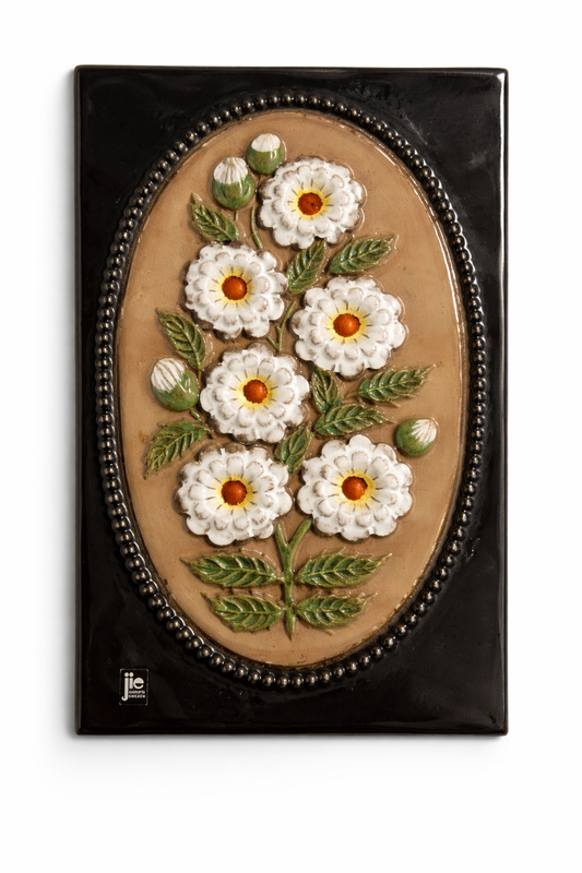 Vintage JIE Gantofta Ceramic Wall Plaque - Aimo Nietosvuori Design featuring embossed white flowers and green leaves on a brown oval background