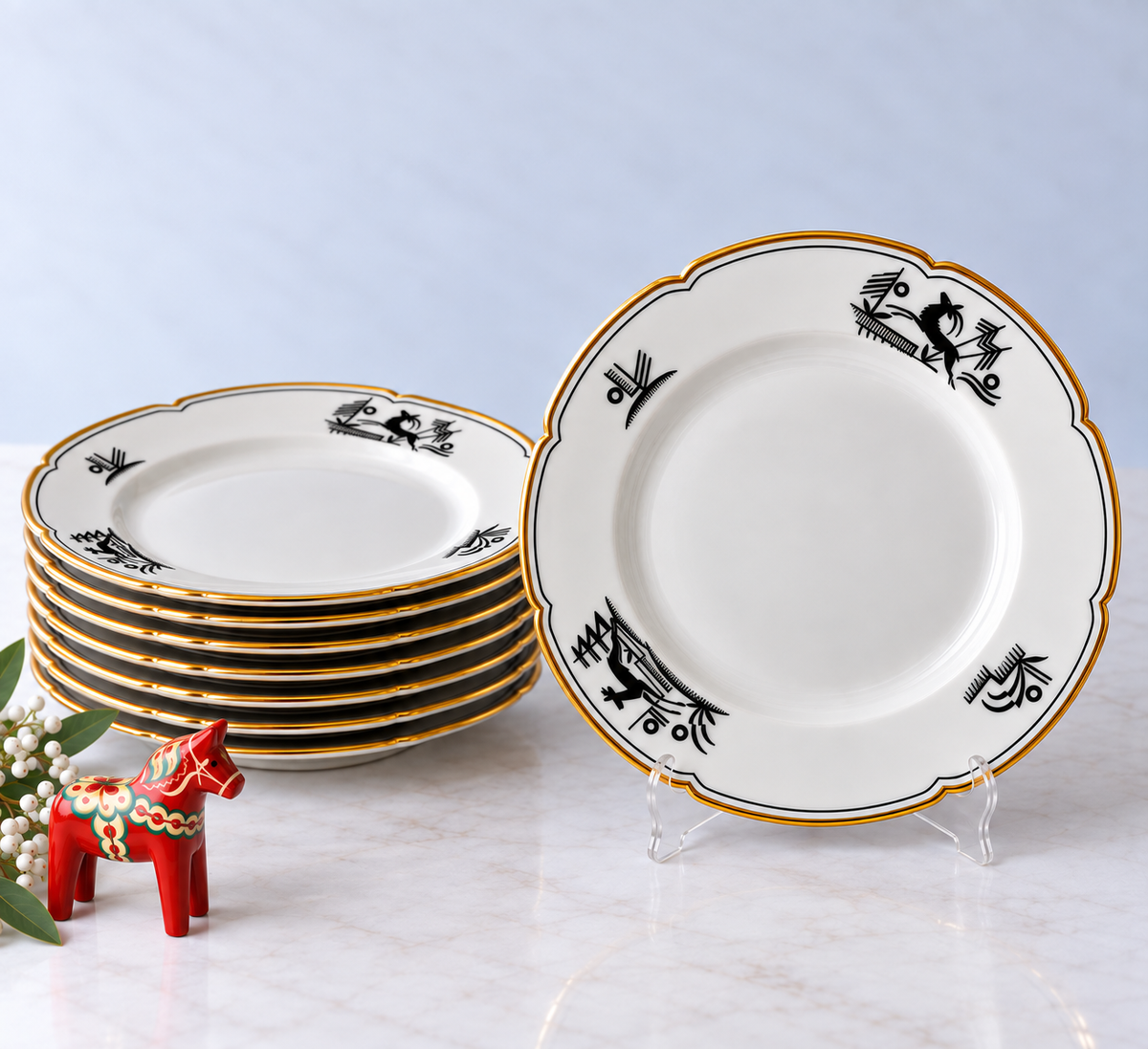 Art Deco Porcelain Plates, Gebrüder Benedikt 16pc, Black Deer Gold