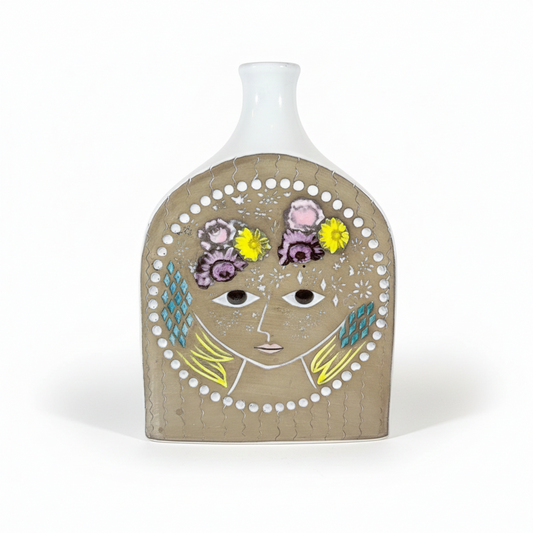 Mari Simmulson Bottle Vase – Upsala Ekeby, Sweden 1960s, authentic vintage ceramic with floral face design, timeless charm