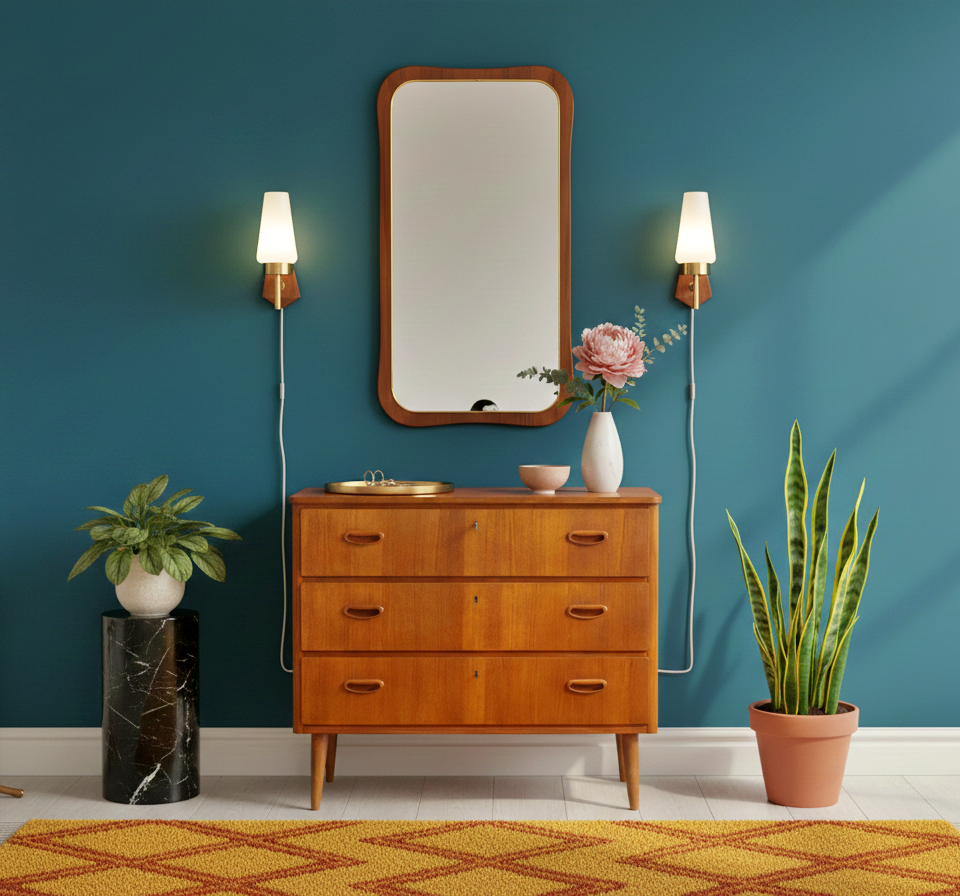 Mid-Century Scandinavian Mirror with Curved Glass – Eriksmålaglas, Sweden 1960s with vintage teak dresser and timeless charm