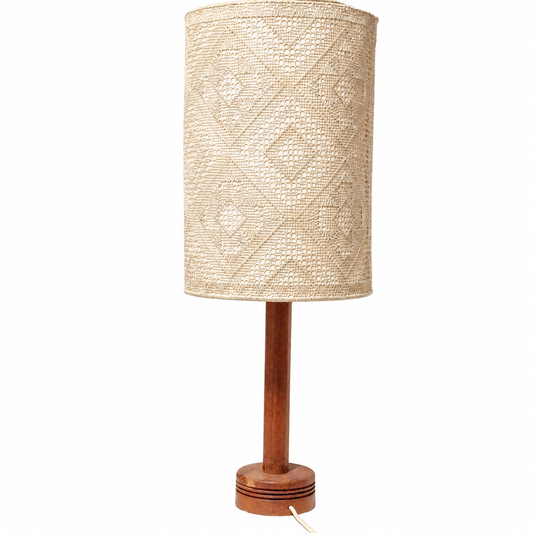 Teak Table Lamp with Woven Lace Shade, Scandinavian Mid Century 1960s, Vintage