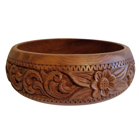 Hand Carved Teak Wood Bowl: Mid-Century Scandinavian Floral Centerpiece with detailed floral and swirl carvings