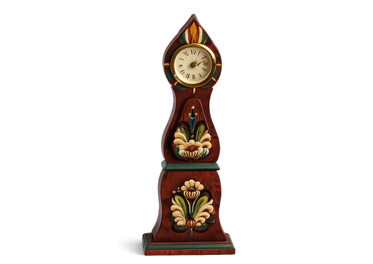 Vintage Swedish Mora Wooden Table Clock – Hand-Painted Folk Art with authentic vintage Scandinavian charm and timeless hand-painted floral design.