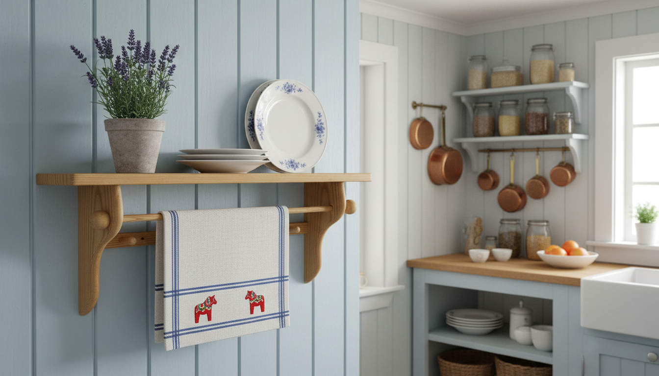 Rustic Pine Wall Shelf with Peg Hooks & Towel Bar - Farmhouse Kitchen Organizer holding plates and towel in light blue kitchen.