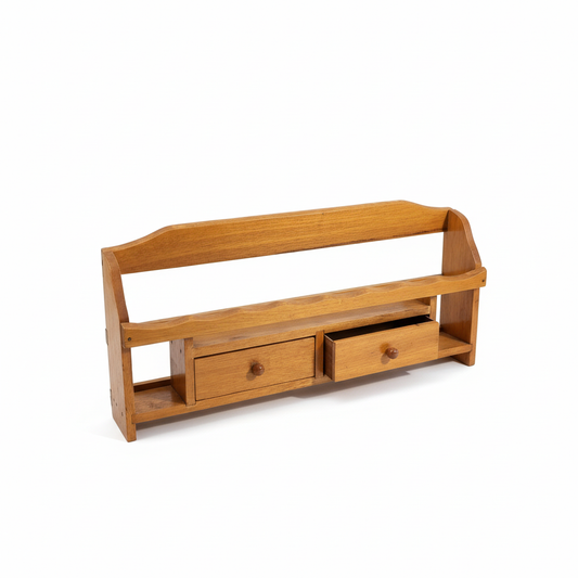 Vintage Pine Wall Shelf: Rustic Farmhouse Kitchen Decor with two small drawers and open top shelf in warm wood finish