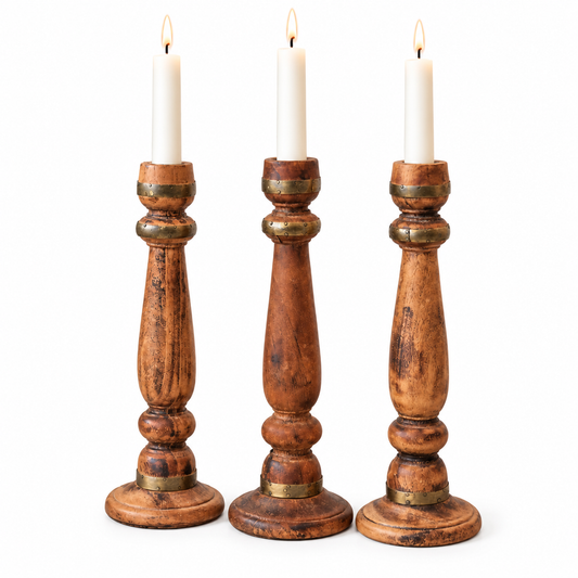 Rustic Wooden Candlesticks, Set of 3, 31cm Tall Turned Wood Holders