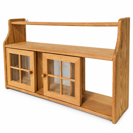 Swedish pine wall cabinet with sliding glass doors