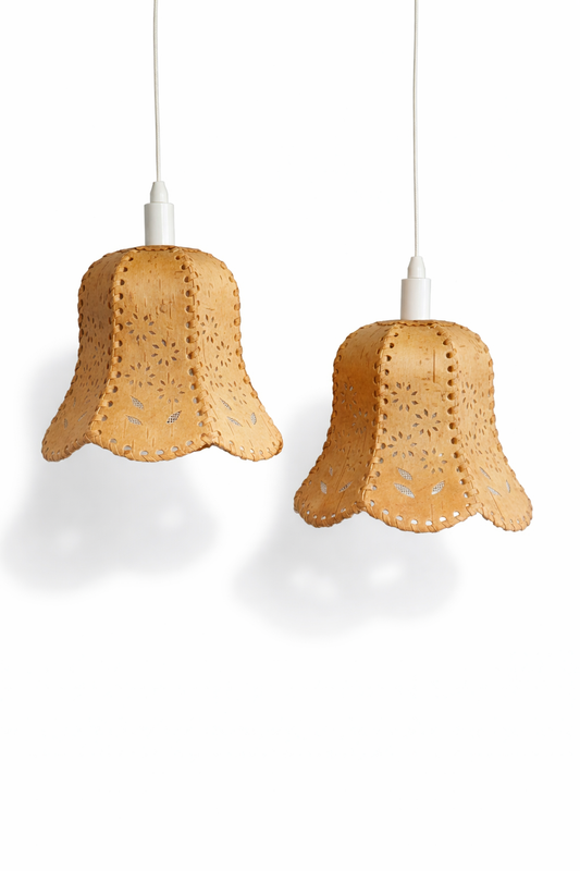 Vintage Scandinavian Birch Bark Hanging Lamp – Hand-Carved, Woven & Stitched Pendant Light with timeless charm and authentic vintage style