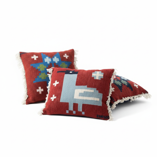 Vintage Scandinavian Folk Art Cushions – Set of 3 featuring handwoven Nordic folk art with authentic vintage timeless charm