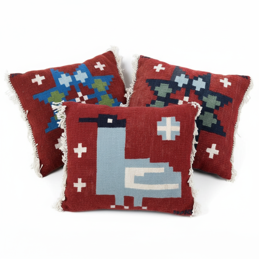 Vintage Scandinavian Folk Art Cushions – Set of 3 with handwoven folk motifs and fringe, authentic vintage, timeless charm