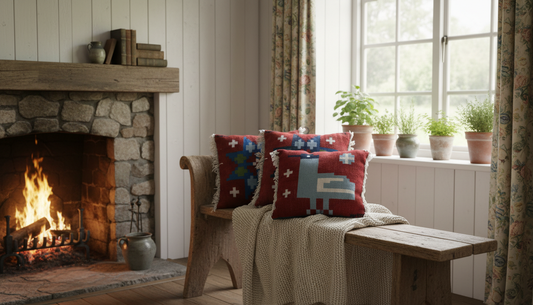 Vintage Scandinavian Folk Art Cushions – Set of 3 displayed with handwoven textiles in cozy mid-century modern room. Timeless Charm.