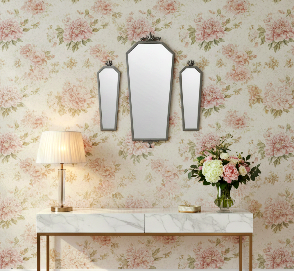 Swedish Grace Pewter Wall Mirror Set – 1930s Sweden, Art Deco with timeless charm in vintage Scandinavian decor setting