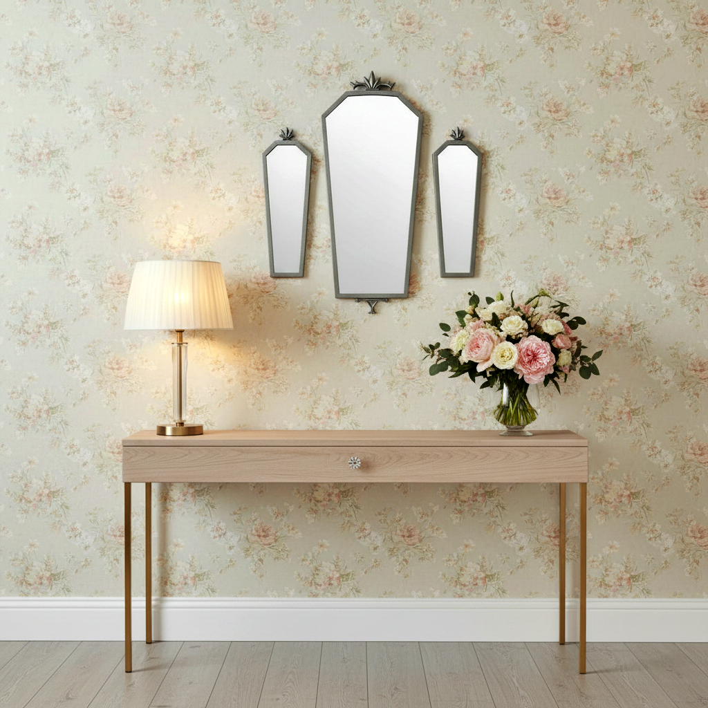 Swedish Grace Pewter Wall Mirror Set – 1930s Sweden, Art Deco with authentic vintage timeless charm in soft floral room setting