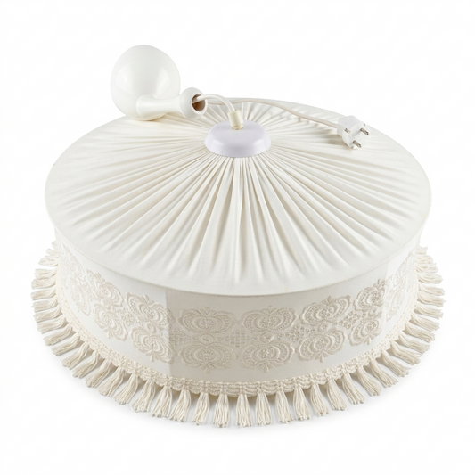 Vintage Scandinavian Pendant Lamp – Embroidered Fabric Shade, Mid-Century Ceiling Light