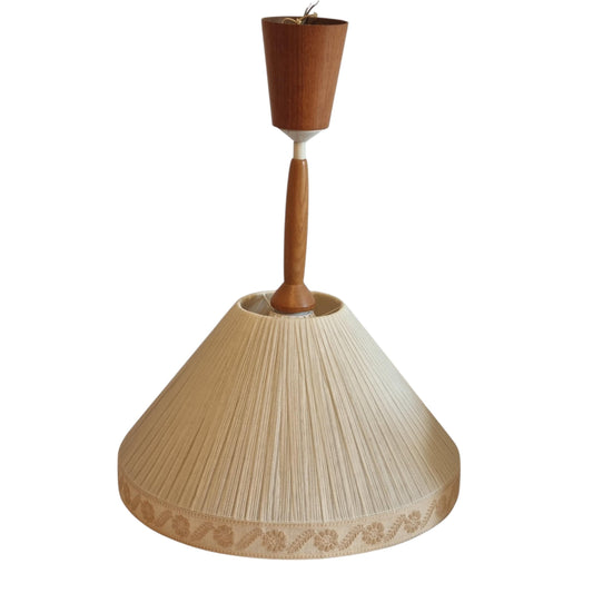 Teak Pendant Lamp, Fabric Shade with Floral Trim, Mid Century Modern, Scandinavian 1960s __etsy:8147421288