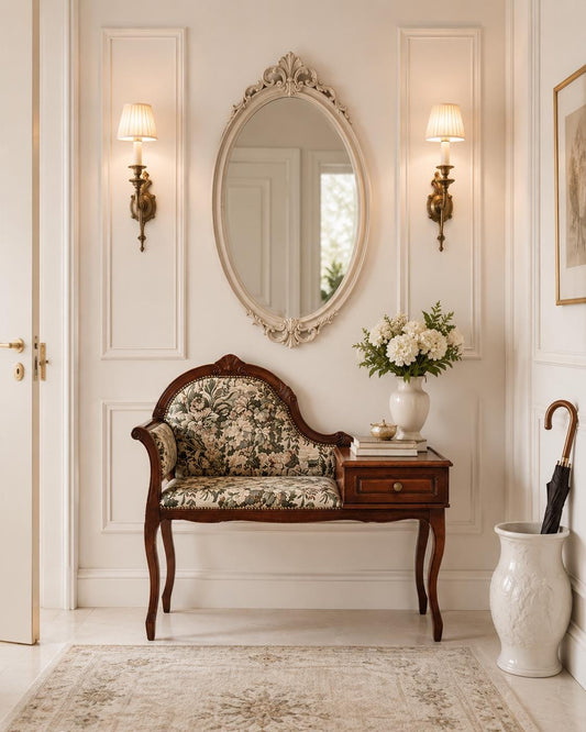 Telephone Bench with Drawer, Gossip Seat, Carved Wood Floral Tapestry, French Louis XV, Sweden __etsy:8146388510