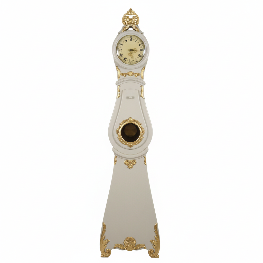 Vintage Swedish Mora clock in Gustavian style, white and gilt grandfather clock, 1960s