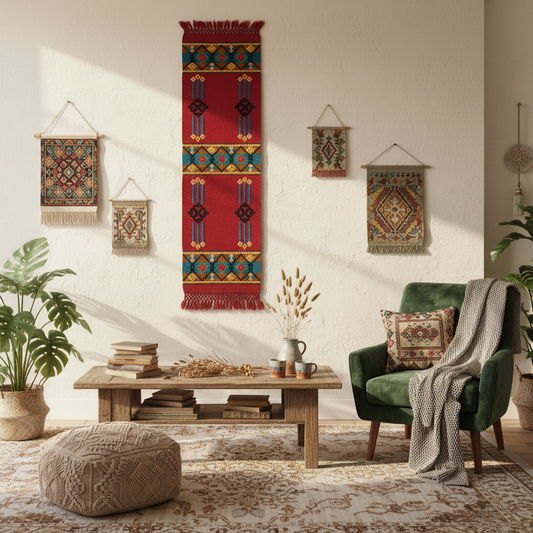 Antique Handwoven Swedish Rölakan Wall Tapestry in cozy living room with vintage Scandinavian decor and timeless charm.