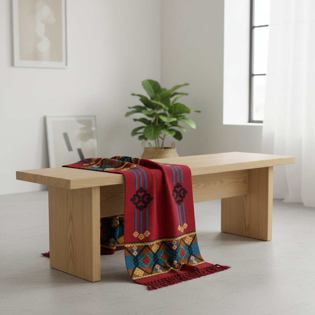 Antique Handwoven Swedish Rölakan Wall Tapestry draped over wooden bench in bright Scandinavian mid-century modern room. Timeless Charm.