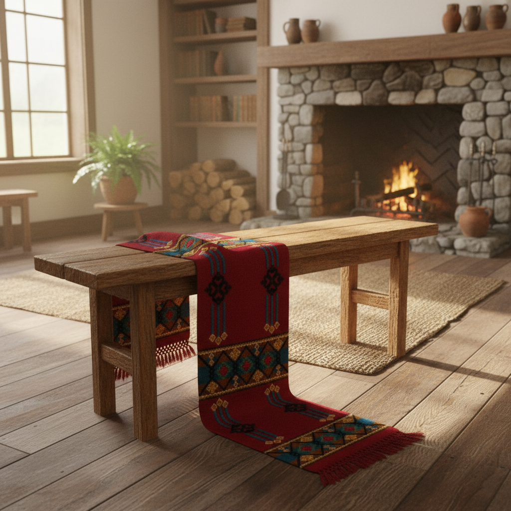 Antique Handwoven Swedish Rölakan Wall Tapestry draped on rustic wooden bench in cozy Nordic mid-century modern room, Timeless Charm