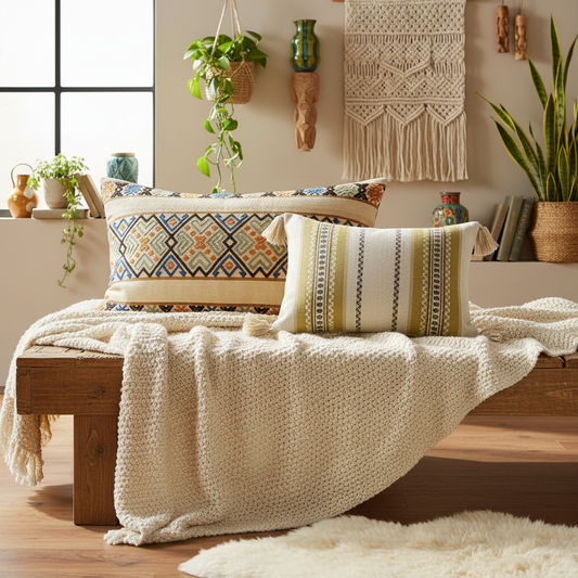 Cozy bohemian scene with Scandinavian Folk Woven Cushion Cover – Nordic Geometric Pattern on rustic wooden bench, timeless charm.