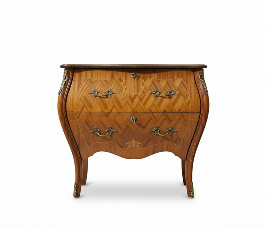 Vintage Console Chest of Drawers in Louis XV Style, Intarsia Veneer, Brass Hardware with timeless charm and authentic vintage appeal
