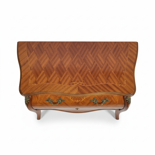 Vintage Console Chest of Drawers in Louis XV Style, Intarsia Veneer, Brass Hardware, authentic vintage, timeless charm