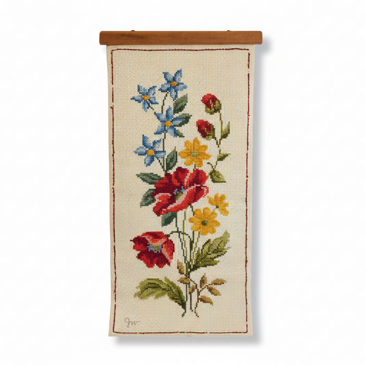 Vintage Embroidered Floral Wall Scroll - Rustic Cross Stitch Flower Tapestry - Cottagecore Botanical Decor with timeless charm and authentic vintage style